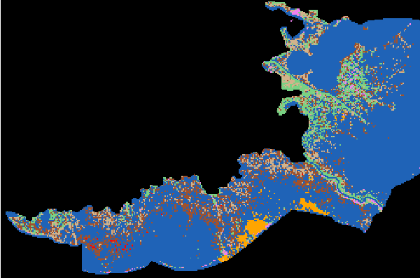 The eastern half of Louisiana's coastline, with the areas most severely affected by the dieback appearing as brown. The Mississippi River, with the healthy marsh areas surrounding it appearing in green, can be seen winding its way southwest in the right hand portion of the image. 